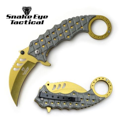 Snake Eye Tactical Karambit Style Spring Assist Knife- Silver And Gold