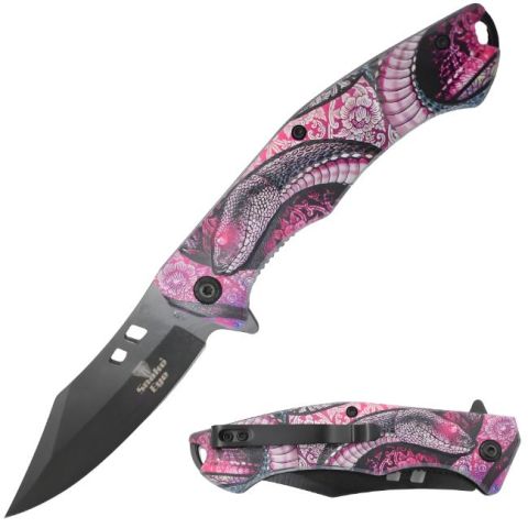 Snake Eye Tactical Snake Design Spring Assist Knife- Pink Snake