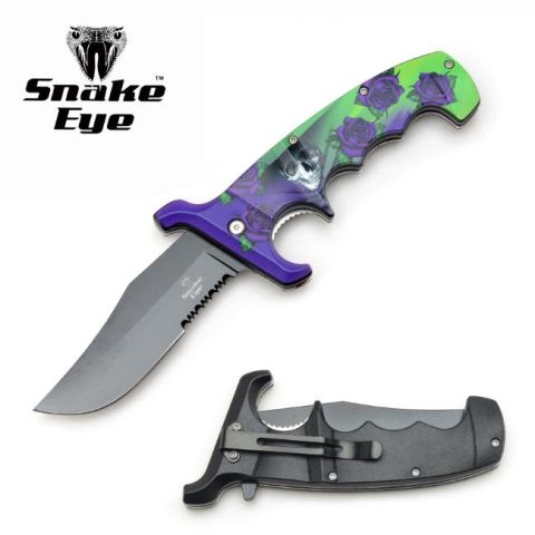 Snake Eye Tactical Spring Assist Knife- Skull With Roses Purple And Green