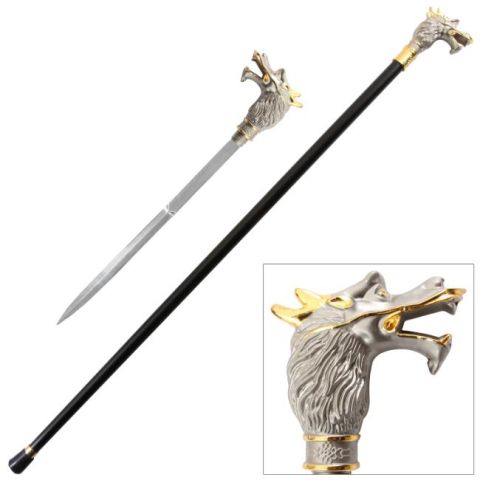 Walking Cane/ Sword Cane- Silver And Gold Dragon